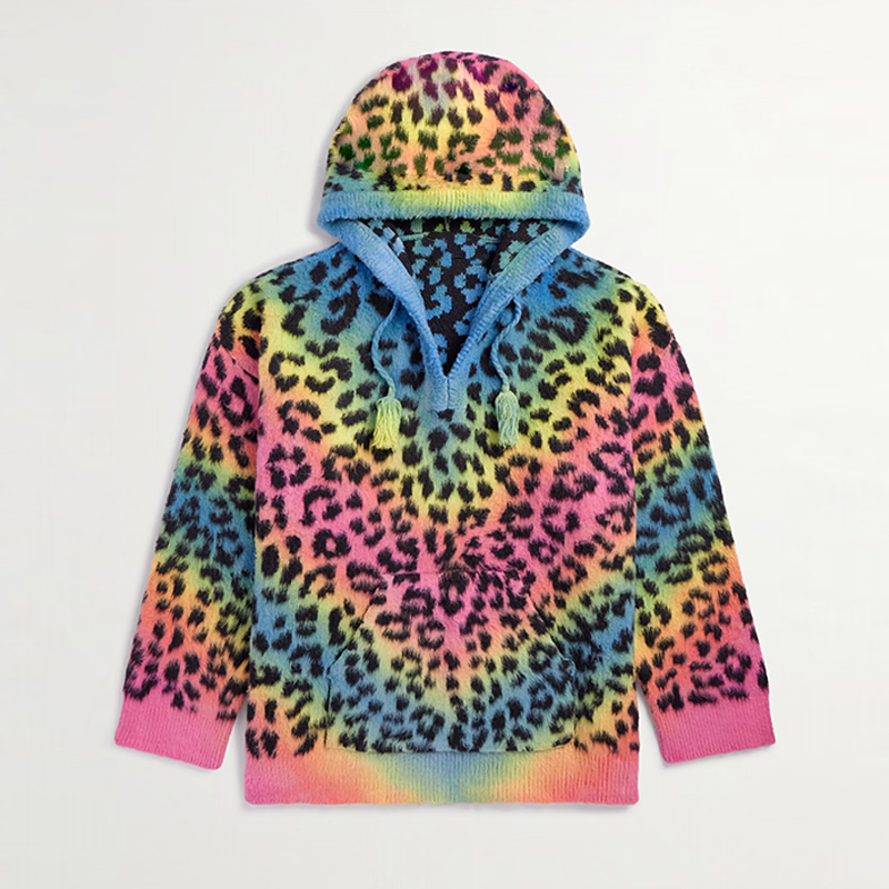 hongfeng’s mens essentials hoodie features a stylish leopard print with vibrant rainbow tones.